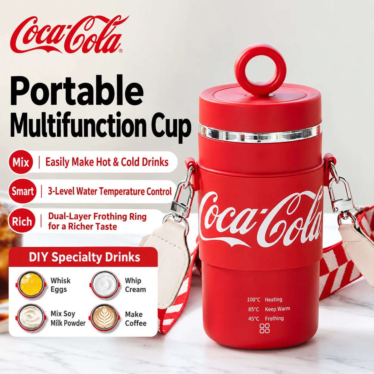 Coca-Cola 300ml Electric Mixing Cup 400W Fast Heating 3 Temp Control Milk Frother 304 Stainless Steel Leakproof Portable Cup Set