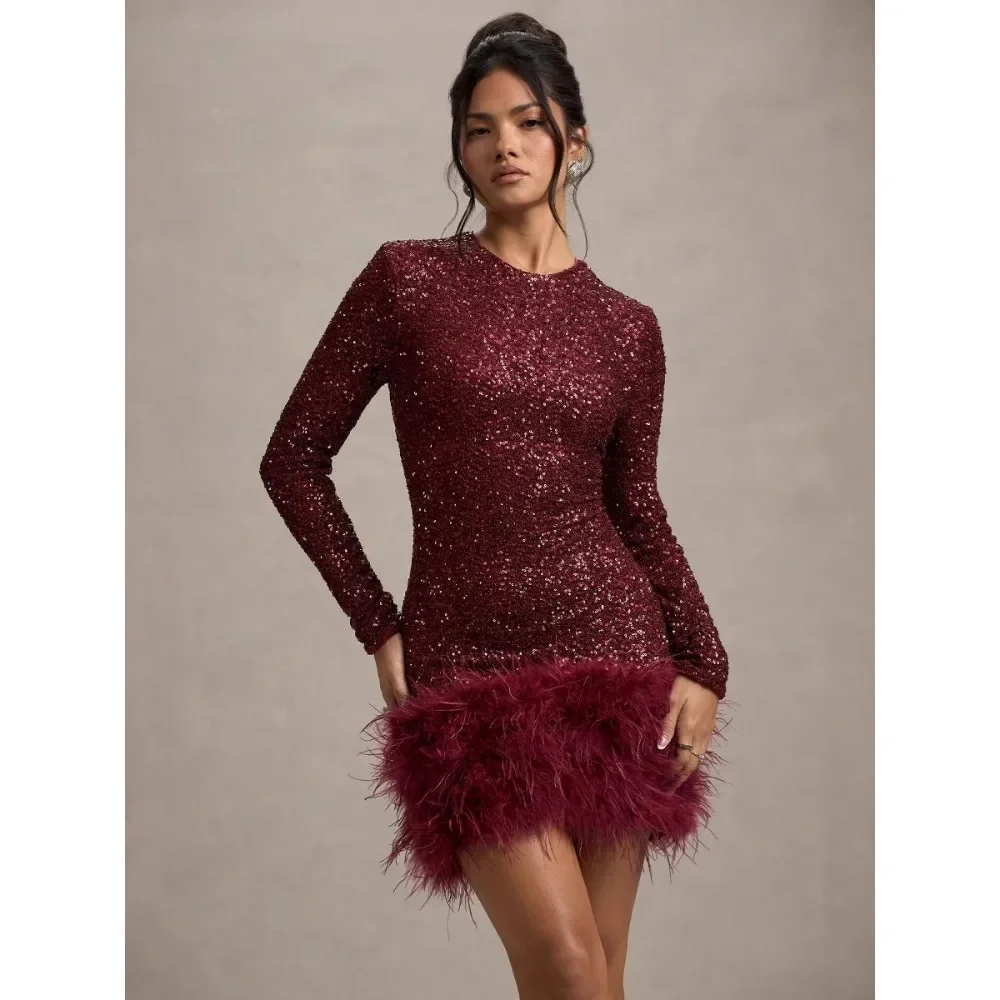 TWOTWINSTYLE Solid Spliced Sequines Slimming Dresses for Women O Neck Long Sleeve Temperament Dress Female Fashion New