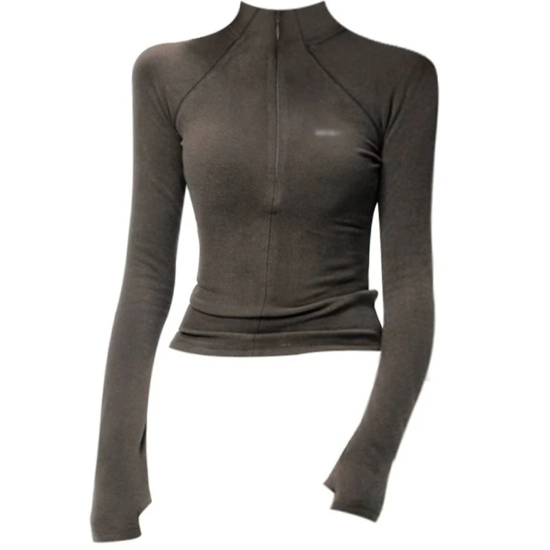 American Style Spicy Girl German Velvet Half High Neck Base Shirt Women's Autumn and Winter Slim Fit Long Sleeved Yoga Top