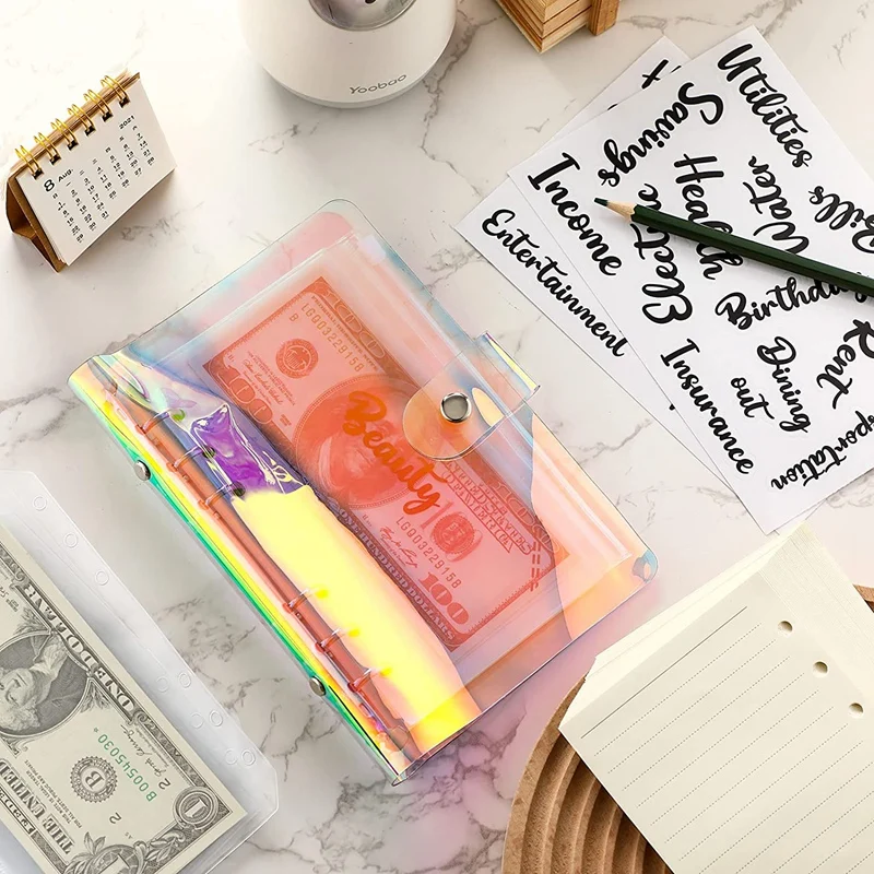 A6 Budget Planner Binder Organizer Soft PVC Notebook Binder Cover With 12 Pieces Binder Pockets (Rainbow Style)