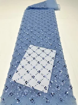 Tessuto di pizzo di Tulle africano blu cielo 2024 tessuto di paillettes francesi ricamo cucito con perline pizzo Tulle maglia Nigeria vestito 5 yarde