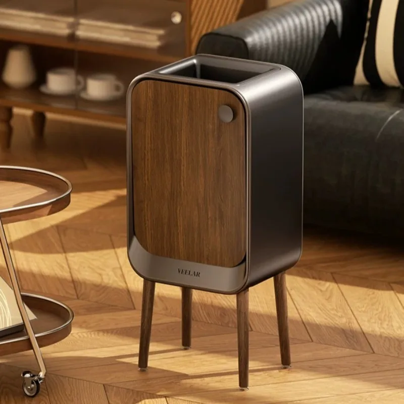 Open-Top Wood Grain Trash Can, Living Room Tall Pedestal Bin, Mid-Century Kitchen Waste Bin, Vintage High-Profile Can
