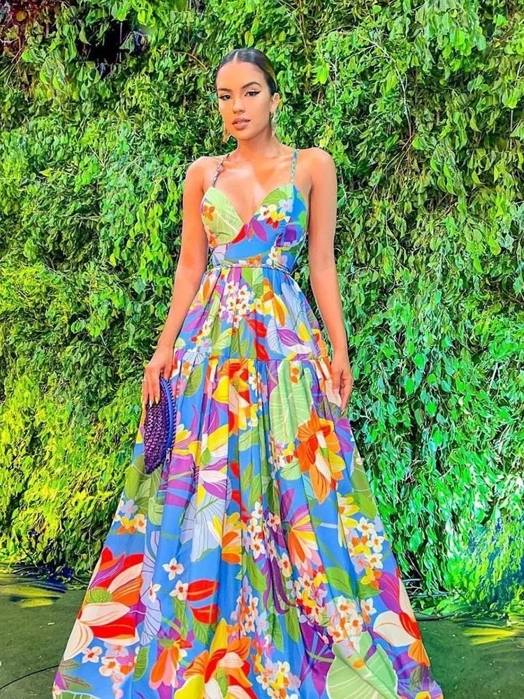 

Sexy Suspender V-neck Dress For Women Fashion Summer Floral Print Waist-cinching Holiday Backless Full Swing Dresses For Women