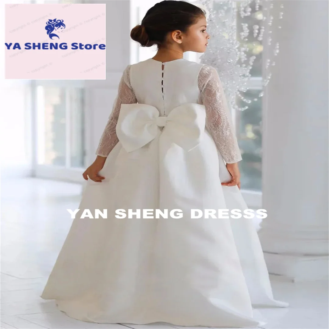 Customized Flower Girl Dresses White Tulle Appliques Long Sleeve For Wedding Birthday Prom Banquet Holy Communion Gowns