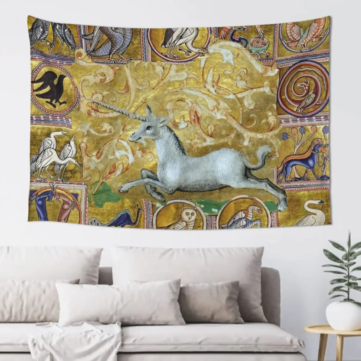 UNCORN AND MEDIEVAL BESTIARY, FANTASTIC ANIMALS IN GOLD RED BLUE COLORS Tapestry Wall Decor Home Decorations Tapestry