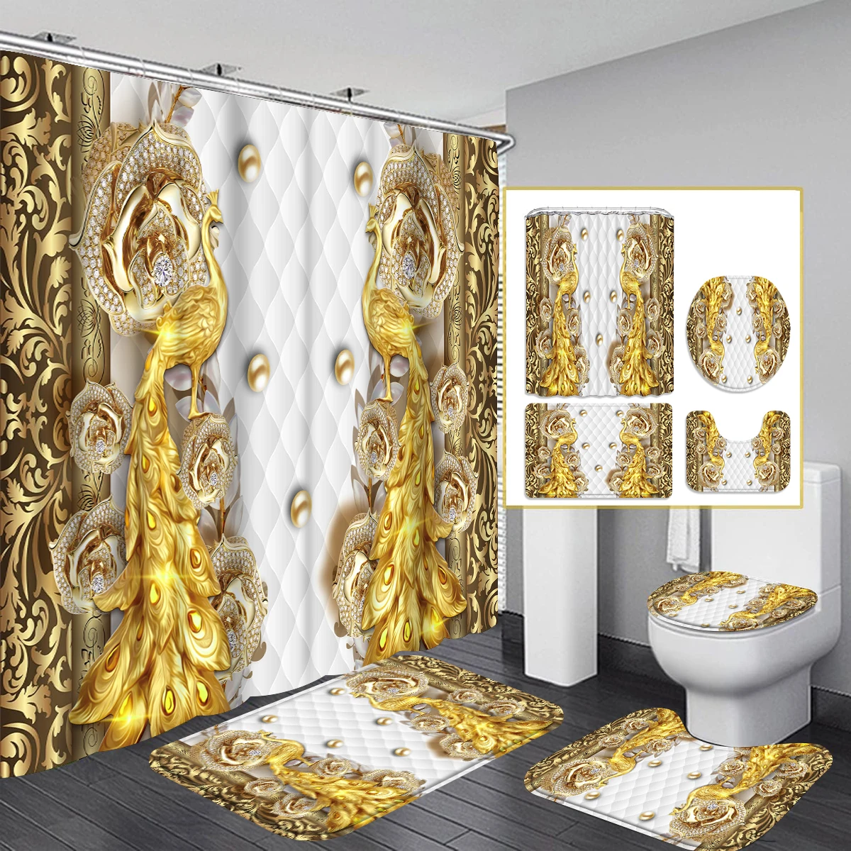 1/4 Piece Shower Curtain Set, Waterproof Bathroom Partition Curtain with Hooks, Anti-Slip Bath Rug, U Shape Mat, Toilet Seat Cov