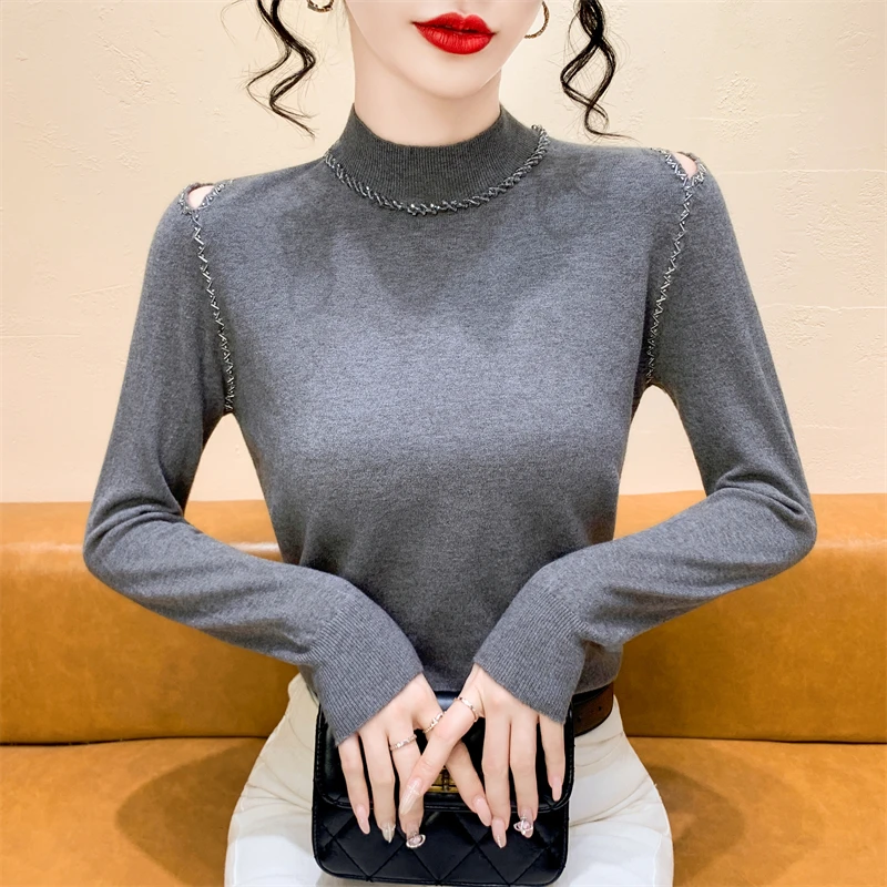 ヘビーウェイト オールダーベアリング ハイカラー ニットセーター レディース スリムフィット ロングスリーブ ベースレイヤー トップス 秋冬用