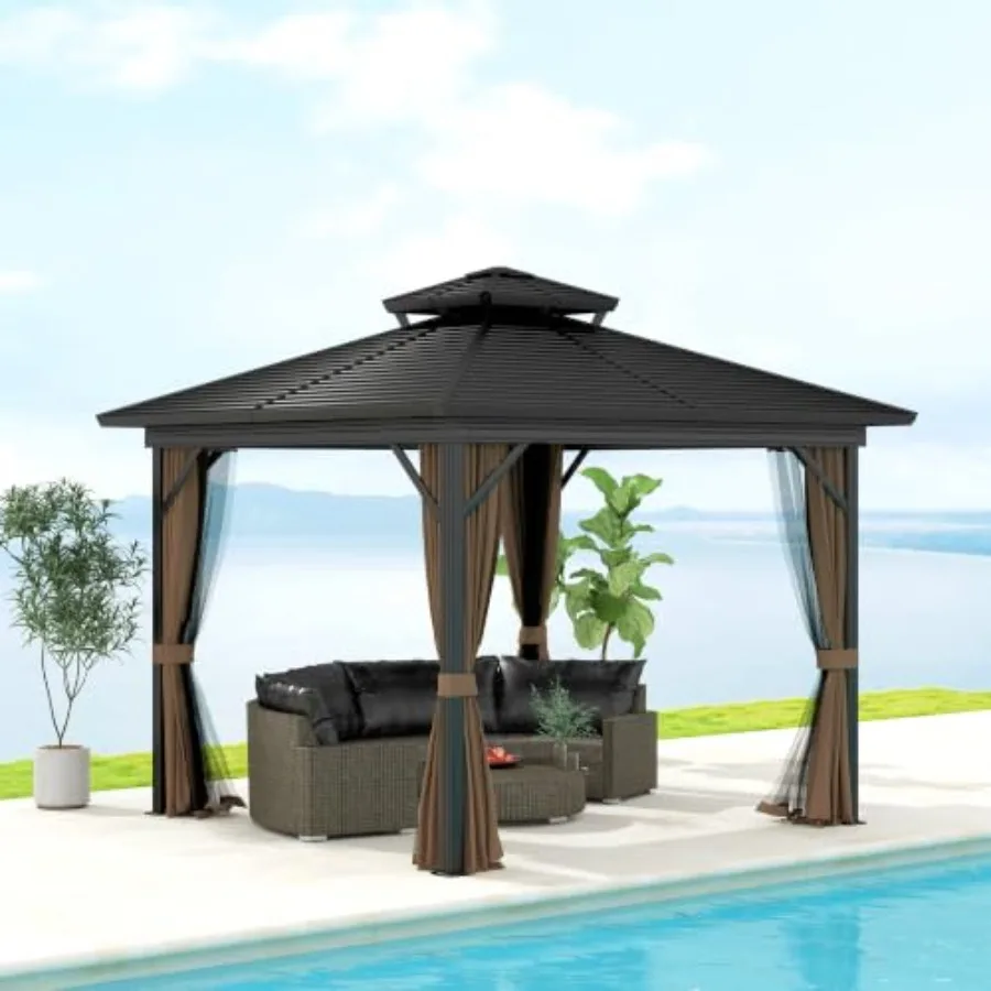 10' x 10' Hardtop Gazebo with Curtains, Netting, Hooks Dark Brown