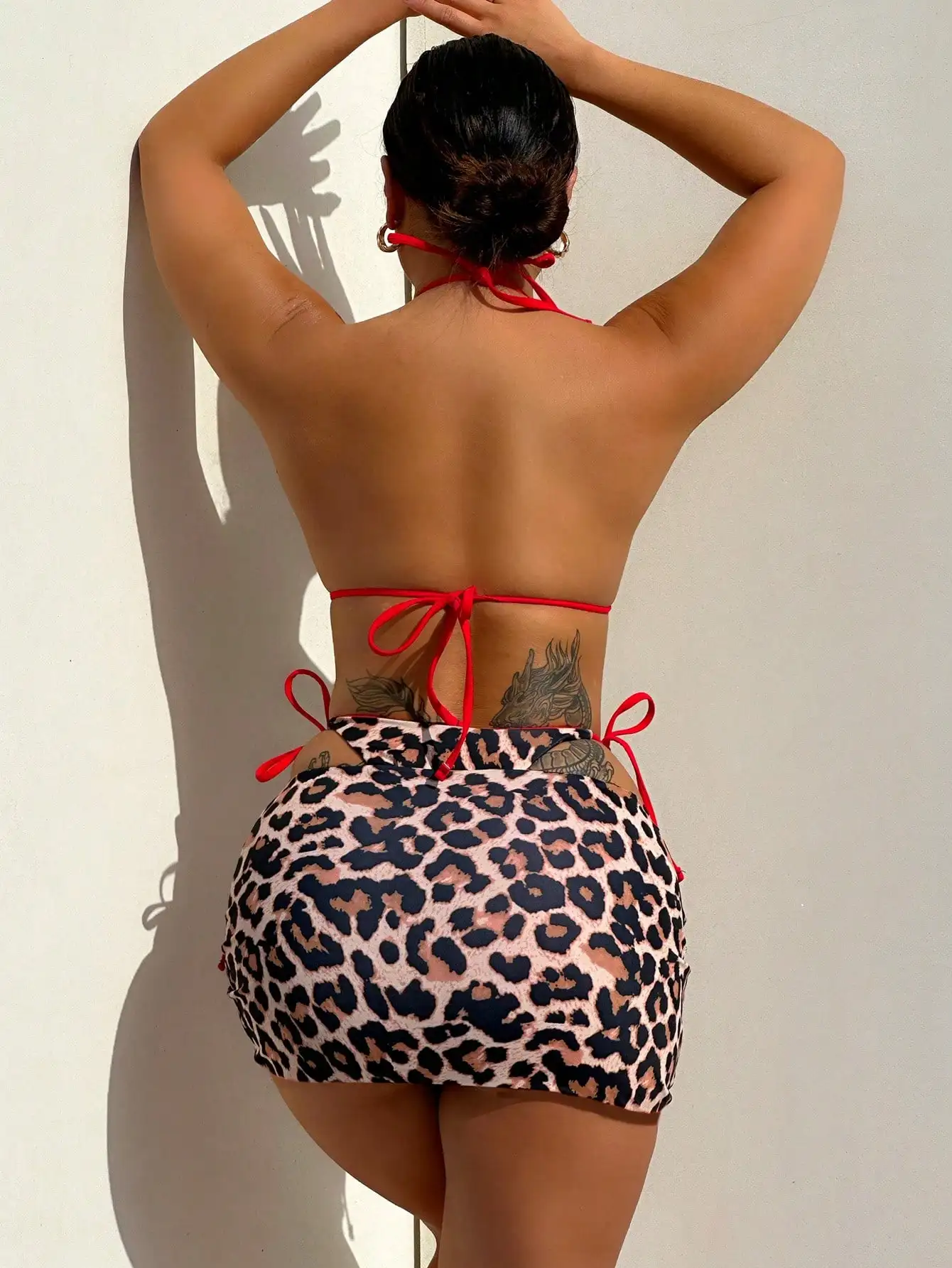 

Reversible Leopard Print 3-Piece Bikini Set With Red Straps