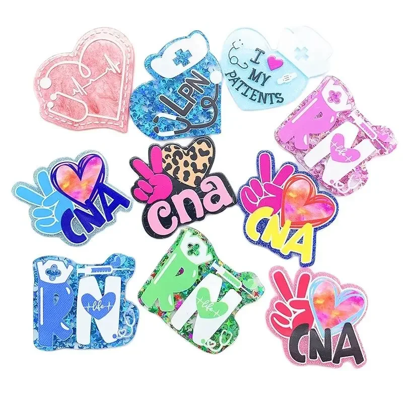 1PC 46MM Glitter Acrylic RN CNA LPN Heart Charms Flat Back Pendant Fit DIY ID Card Badge Holder Jewelry Making Doctor Nurse Gift