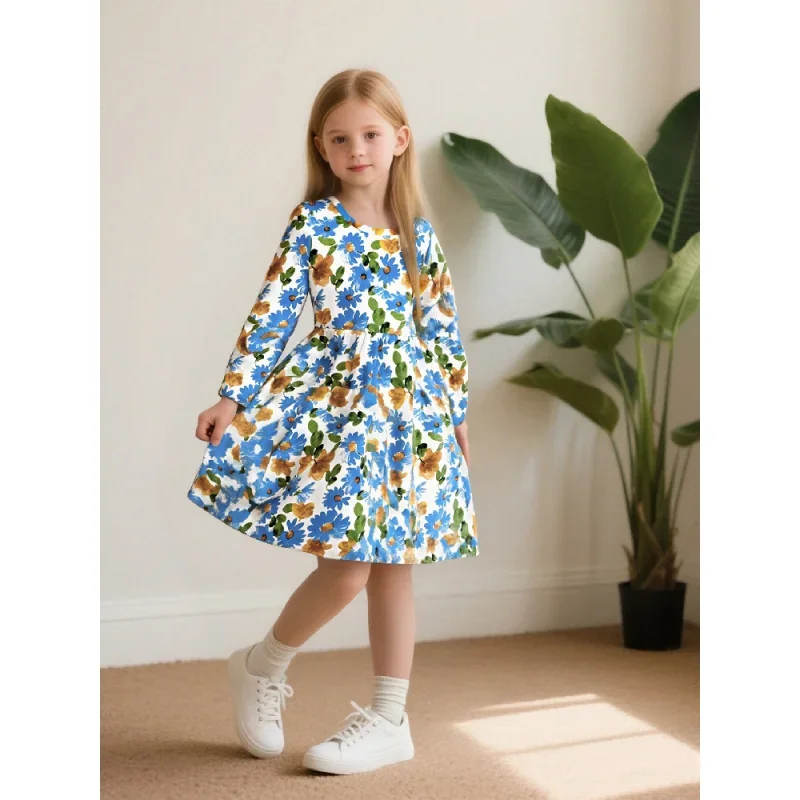 فستان بناتي بأكمام طويلة مزين بالزهور الطازجة لعام 2025 فستان الأميرة المطبوع الحلو