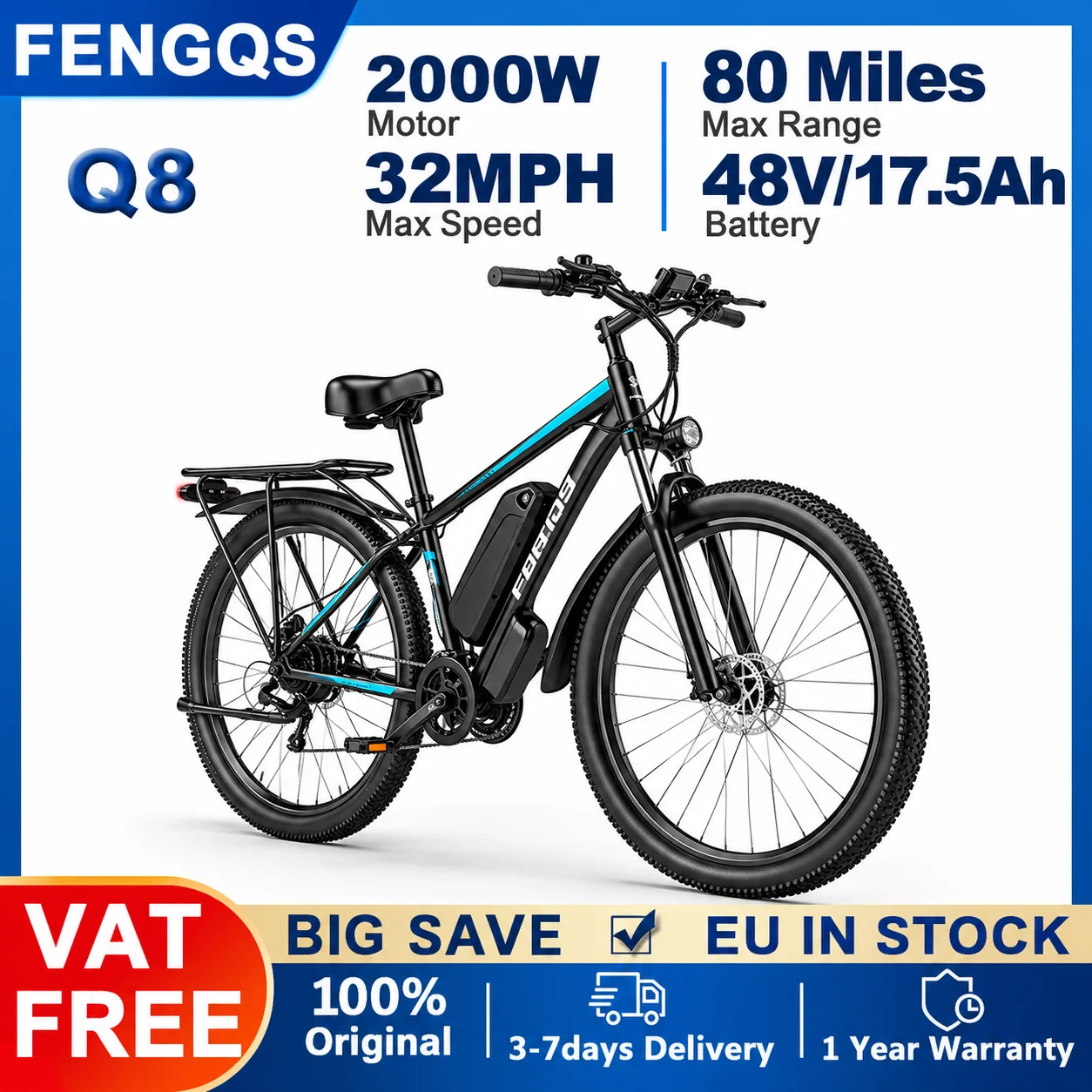 Image of 48V 17,5Ah Akku Elektrofahrrad Spitzenmotor 2000W 32MPH Höchstgeschwindigkeit 80 Meilen Maximale Reichweite 27,5*2,1 Zoll Fat Tire E-Bike FENGQS Q8 Elektro-Mountainbike