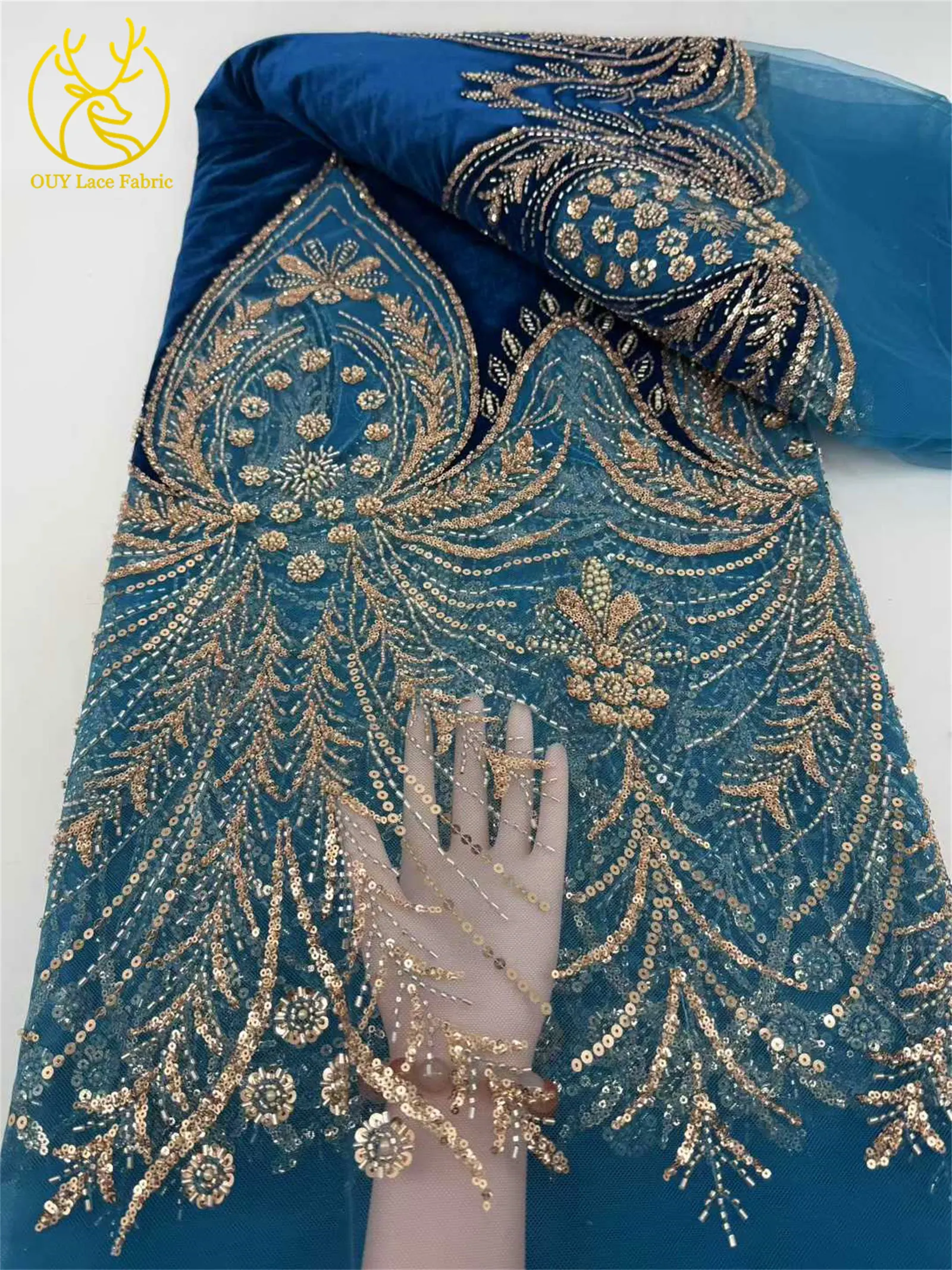 Luxuriöser afrikanischer Samt mit Perlen und Pailletten, Spitzenstoff, 2026, grüner Bräutigam-Stickstoff, französisches Damen-Party-Abendkleid – Detail 12