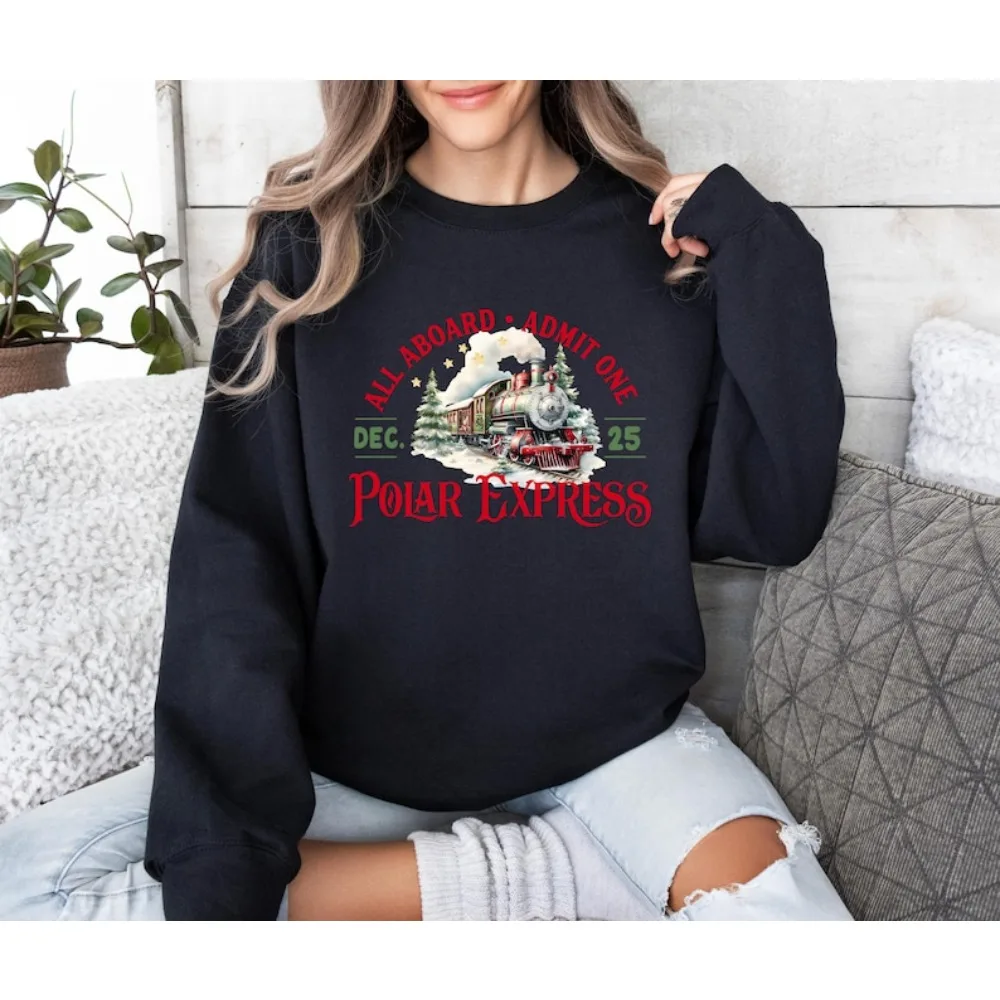 All Aboard Holiday Lady Sweatshirt Retro Train Sweater Festive Xmas Sweatshirt for Women Polar Express Christmas Hoodie Clothes