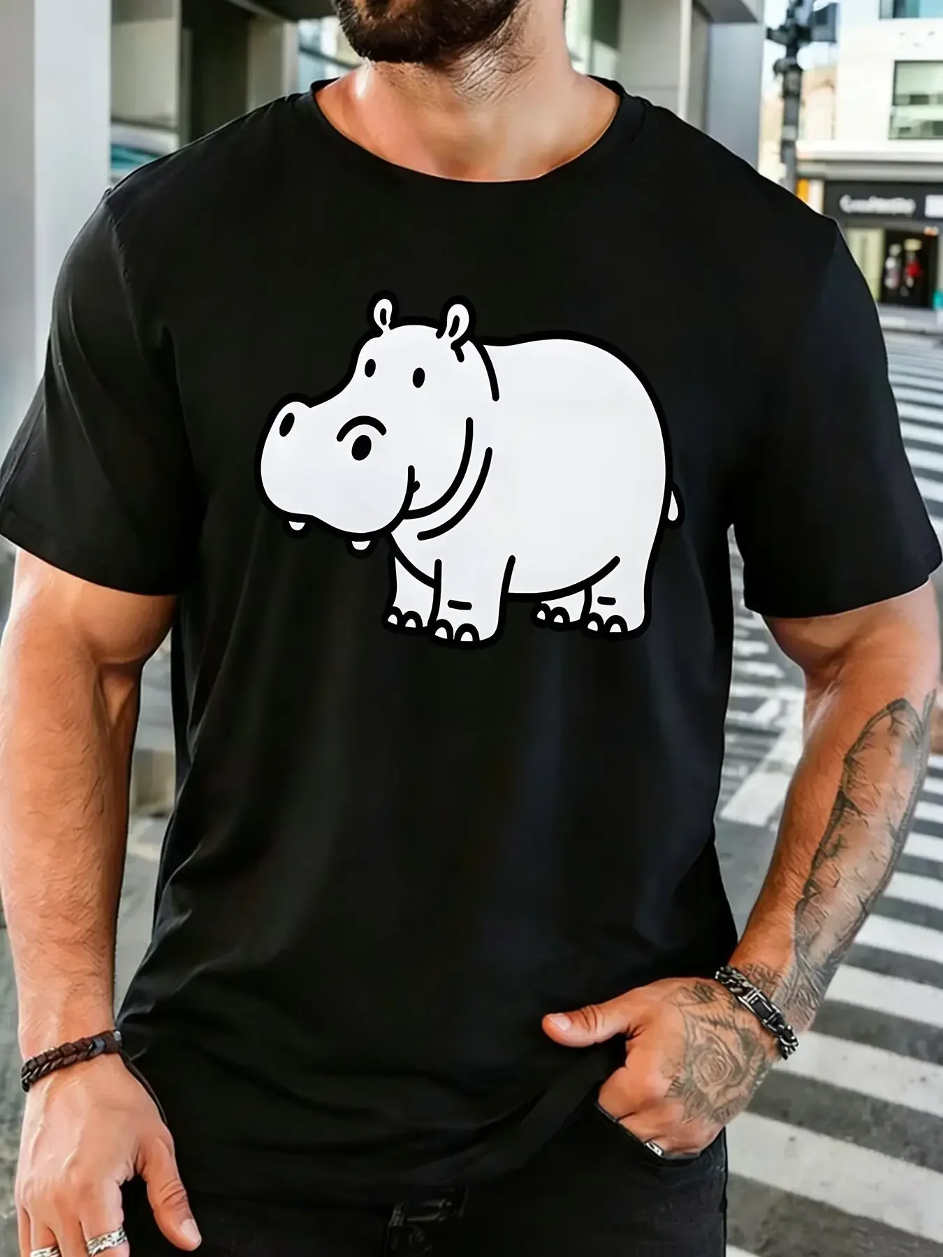 Simple Line Drawing Cute Hippo Graphic Mens Crew Neck Short Sleeve Cotton T Shirt Minimalist Wild Animal Print Male Casual Top