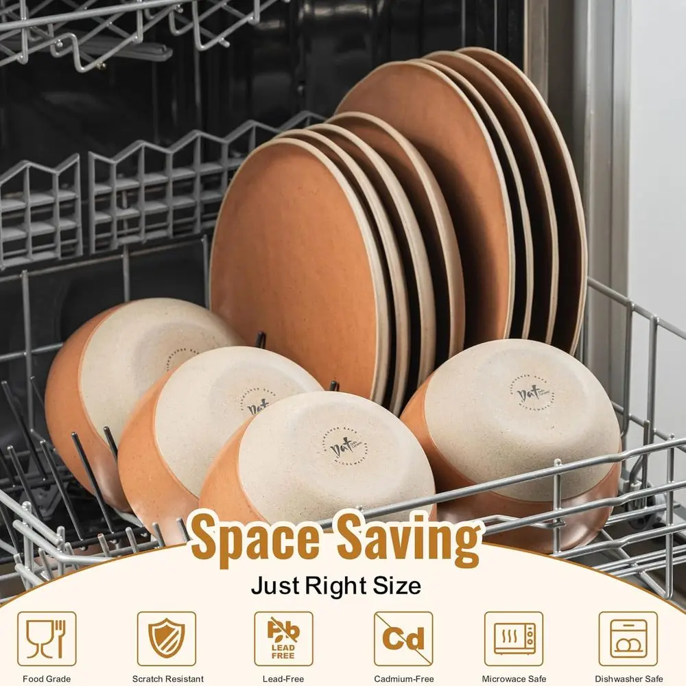 12 Pieces Dinnerware Sets,Plates and Bowls Sets, Handmade Reactive Glaze Dishes Set for 4 with at Least 10% Recycled Ceramic(Bro