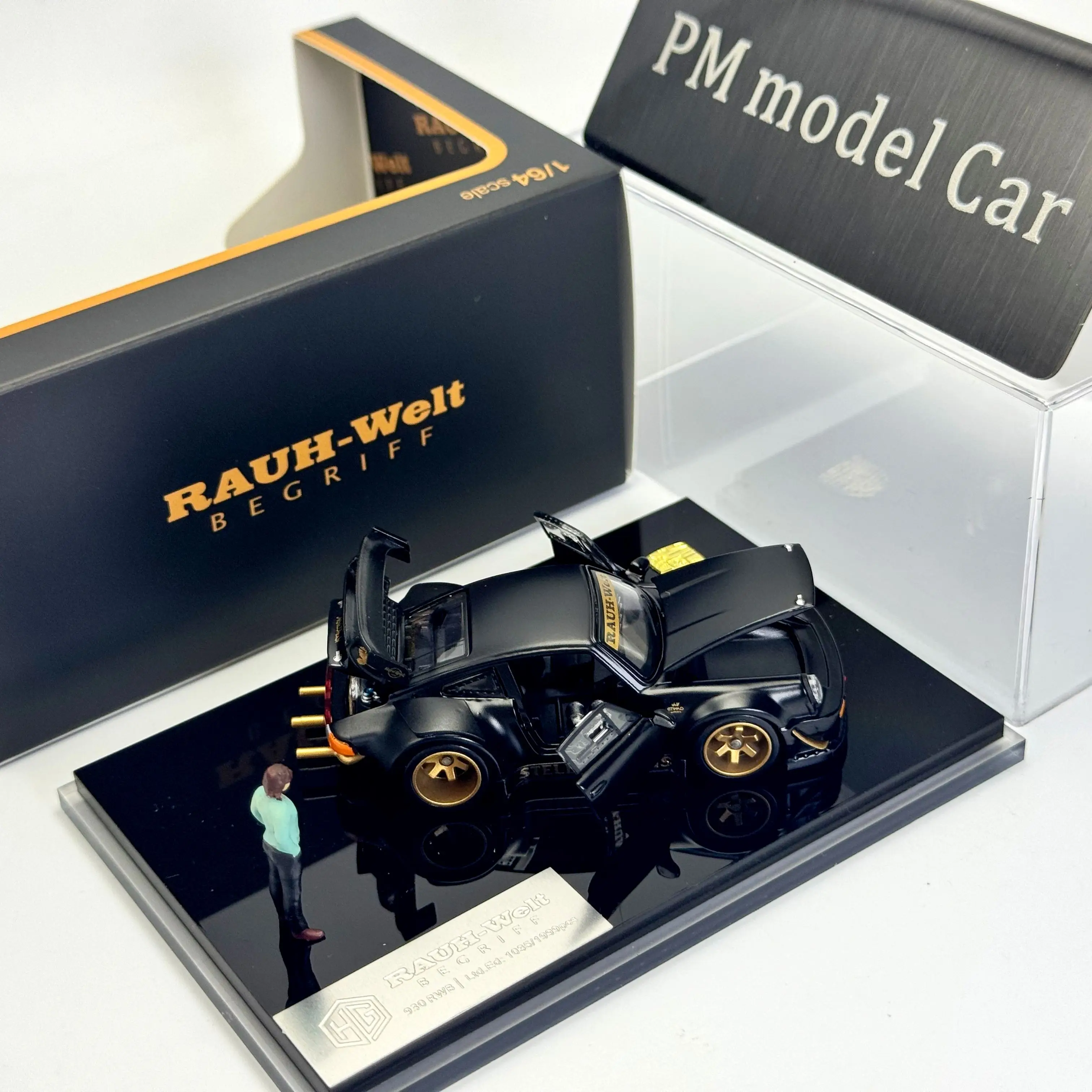 HG64 X FG 1:64 Porsche 930 RWB Stella Artois-Matte Black Livery With Figure Full Open Alloy Diecast Model Car Collectible Gift