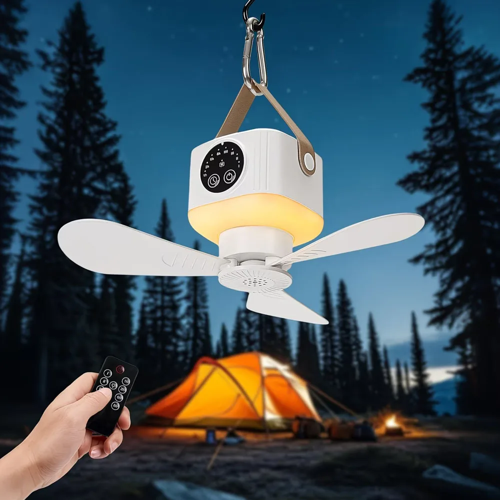 Portable Ceiling Fan with Light 3600/7200mAh 4 Speeds Timer USB Rechargeable Camping Fan with Remote Control Rooftop Tent Travel view 2