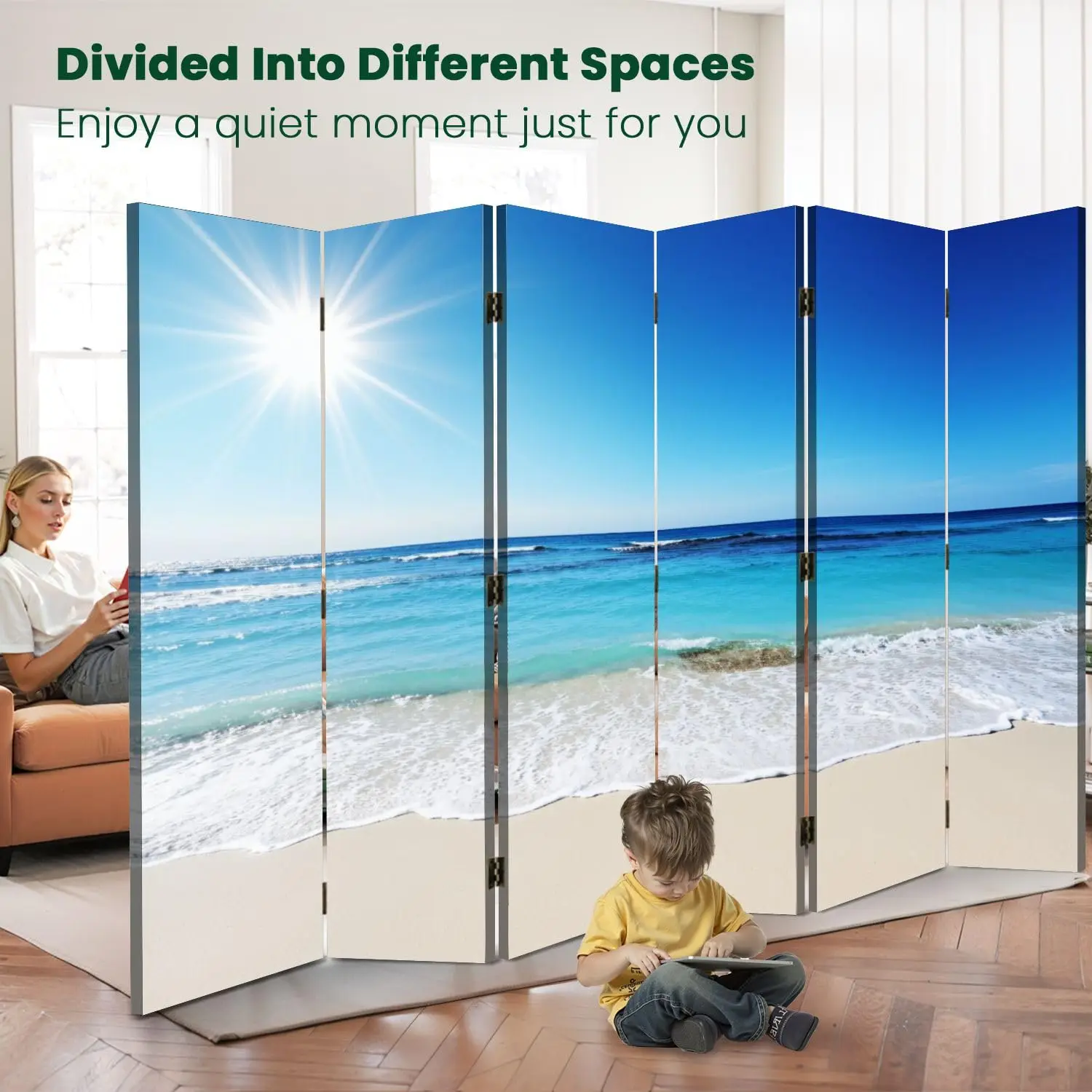6 Panels Folding Sn Room Divider Beach Scene Showing Sand sea Sky Boho Divider for Room Separation Portable Privacy