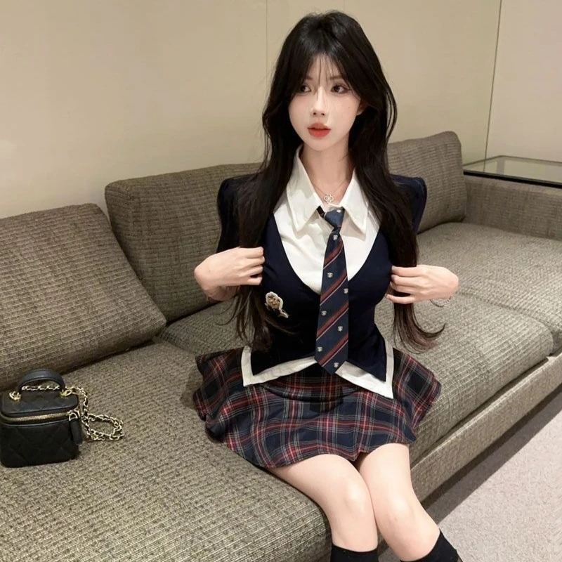 Japanese Preppy Style 2 Piece Sets Women Sweet Fake Layer Short Sleeve Slim Tops Plaid Frill Skirt Korean Harajuku Y2k JK Suit
