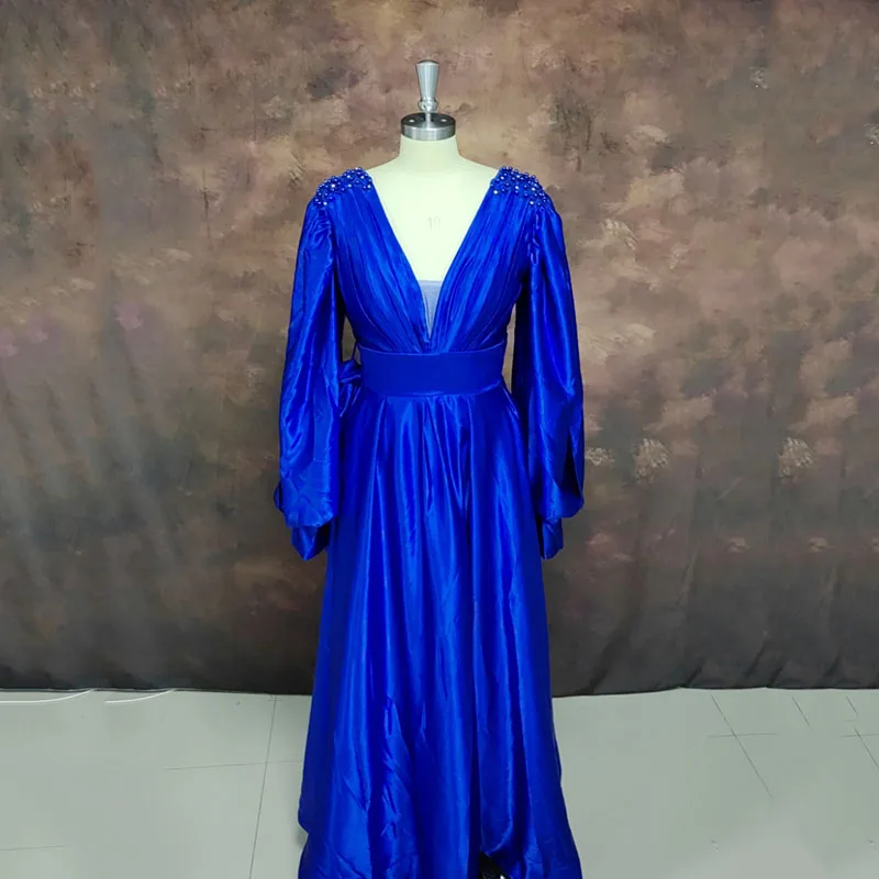 

SoDigne Blue High Side Split Beading Satin Mermaid Prom Dresses V-Neck Long Sleeves Evening Gowns Formal Party Dress