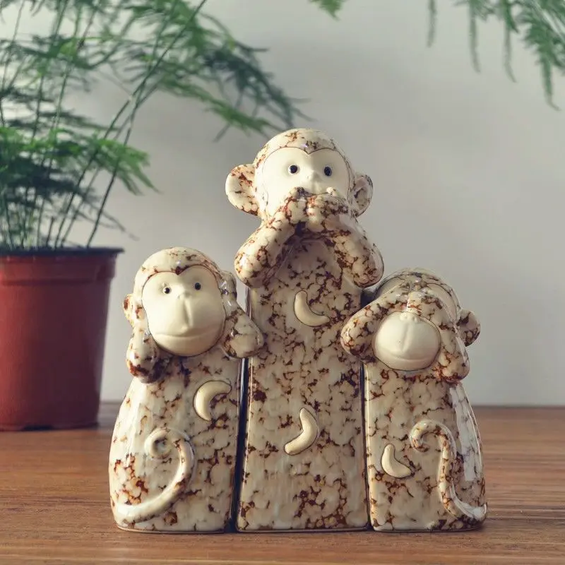 3 Pieces Monkeys Statue Ceramic Tabletop Collectibles Art Crafts Monkey Sculpture Ornament for Office Indoor Home Cabinet Decor