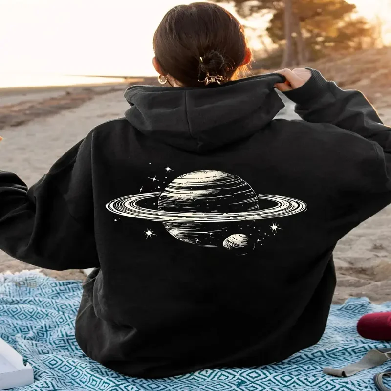 Womens Retro Space Theme Hoodie Graphic Pullover Sweatshirt Daily Wear Adjustable Hood Machine Washable Fall Winter Streetwear