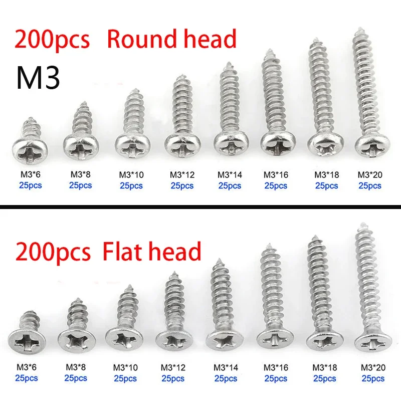 

200PCs M3 stainless steel flat head screws kits high strength self-tapping screws assortment set for wood furniture