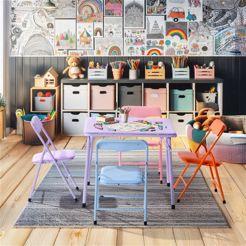 

Kids Folding Drafting Table and Chair Set of 5, Ideal for Creative Art Homework Play Table