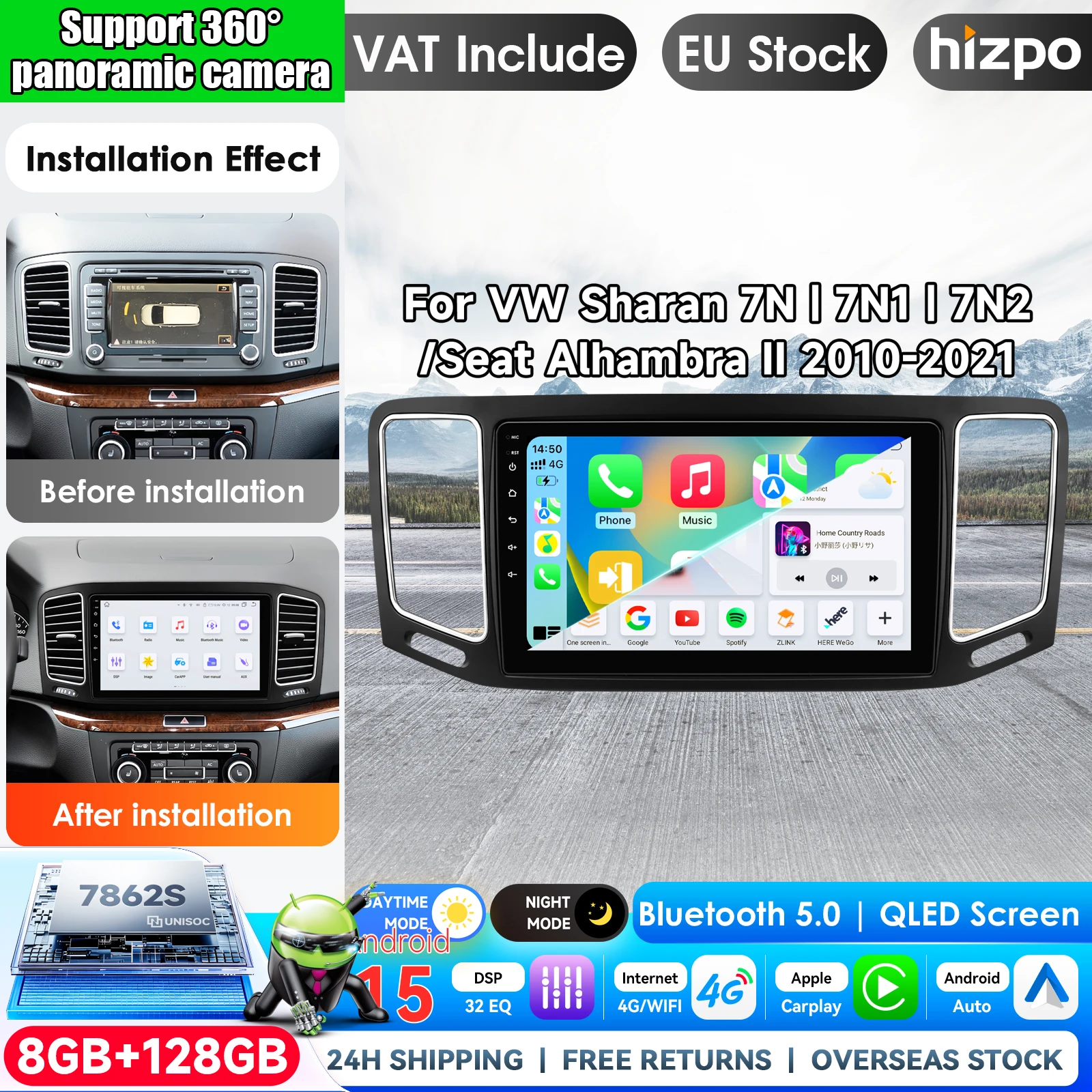 Hizpo 9 Zoll Autoradio für VW Sharan 7N 7N1 7N2 2010 - 2021 für Seat Alhambra II, kabelloses Carplay, Android Auto Multimedia Videoplayer, 2 DIN Radio, Autoradio, GPS Stereo, intelligente Systeme, IPS