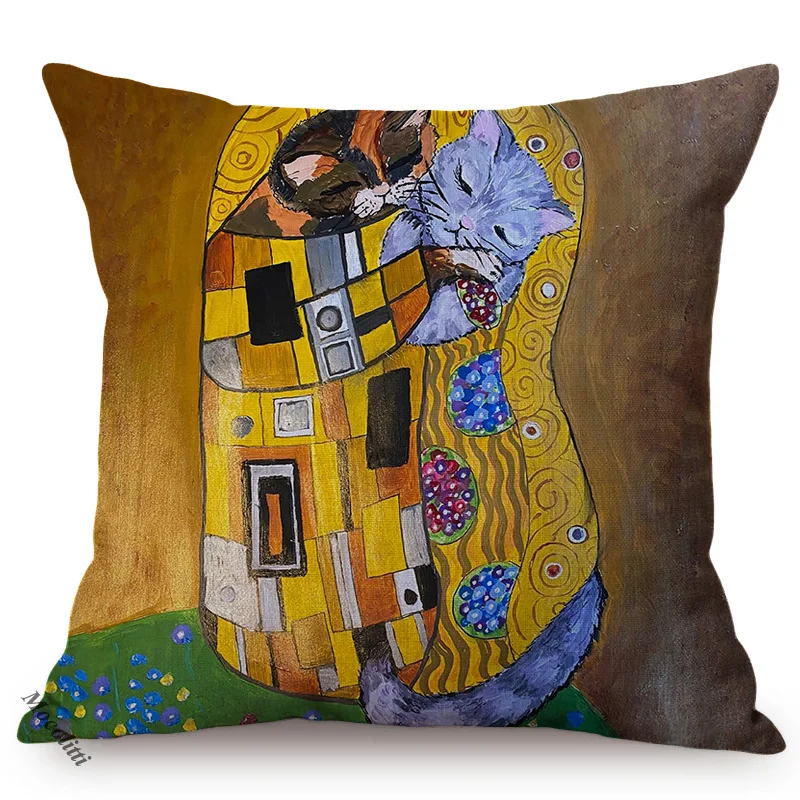 Nordic Hand-Painted Cartoon Cat Cute Kid's Room Chair Decorative Cushion Cover Kitten Oil Painting Art Sofa Pillow Case Cojines