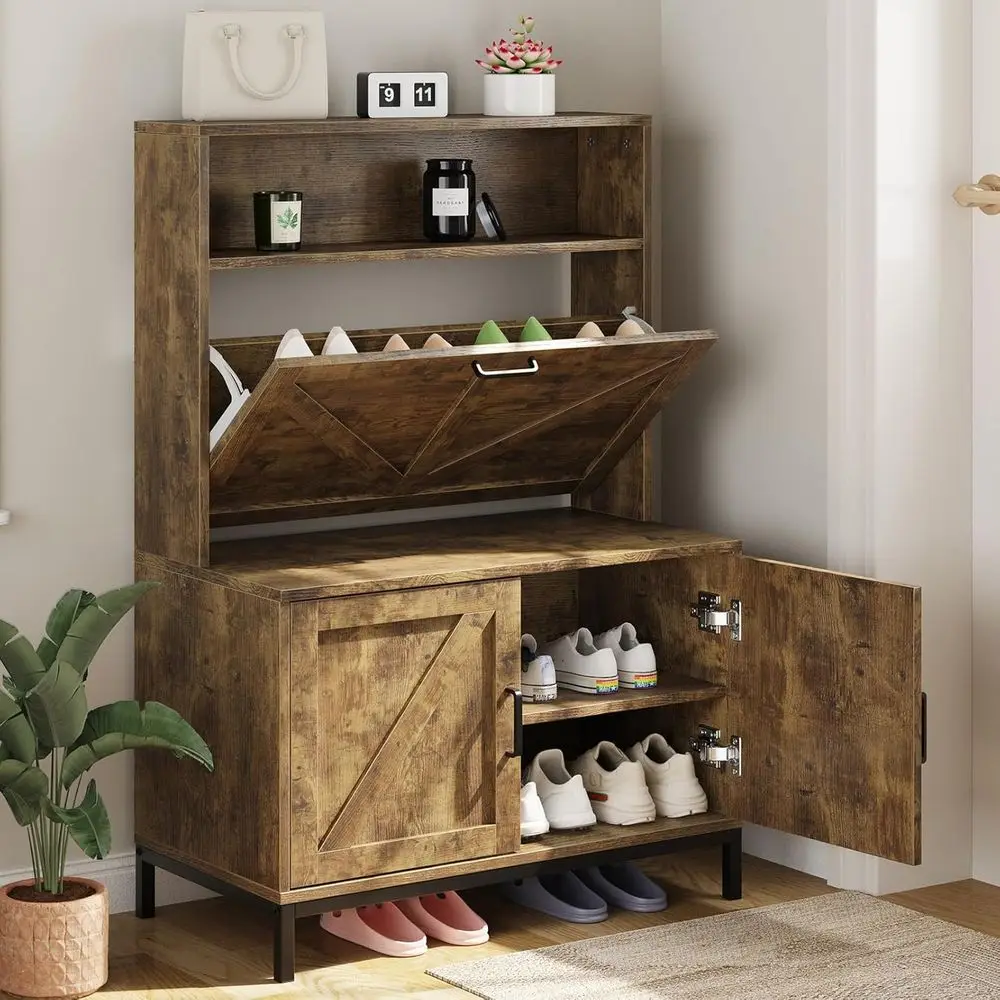 

Narrow Farmhouse-Style Shoe Cabinet with Flip Drawer and Door, Brown Entryway Shoe Organizer