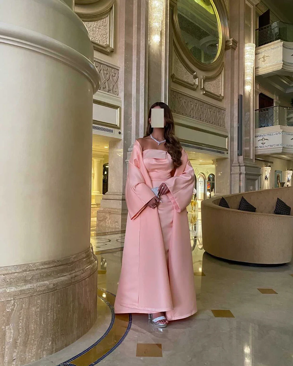 Msikoods Saudi Arabic Women Evening Dress Jacket Maxi Prom Gown Long Sleeves Pink Satin Wedding Party Dress Bespoke Formal Dress