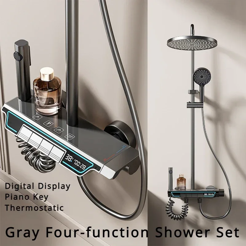 Bathroom Smart Thermostatic Shower System Space Aluminum Digital Display Four Functions Wall-mounted  Faucet Set