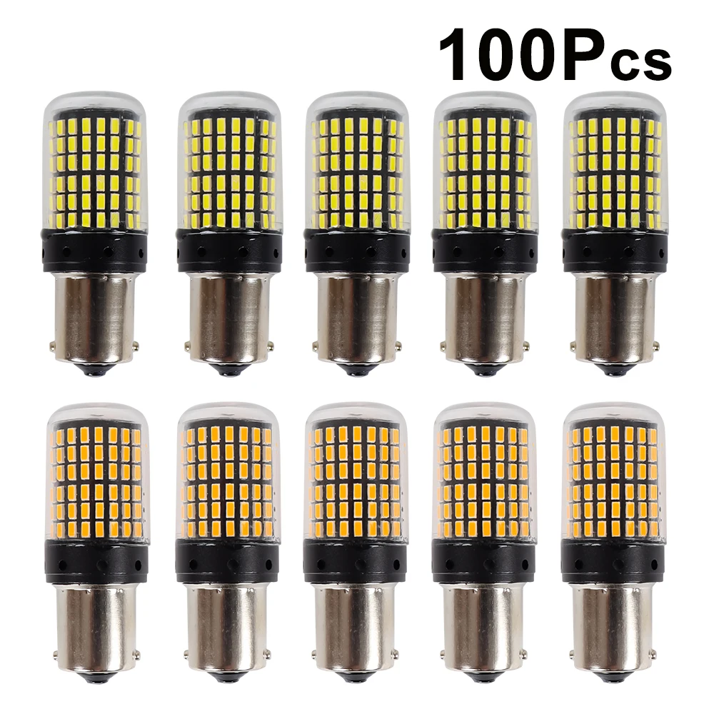 100Pcs Car LED Bulbs 1156 BA15S P21W BAU15S PY21W 1157 BAY15D 7440 7443 3156 3157 144SMD CanBus Lamp Reverse Turn Signal Light