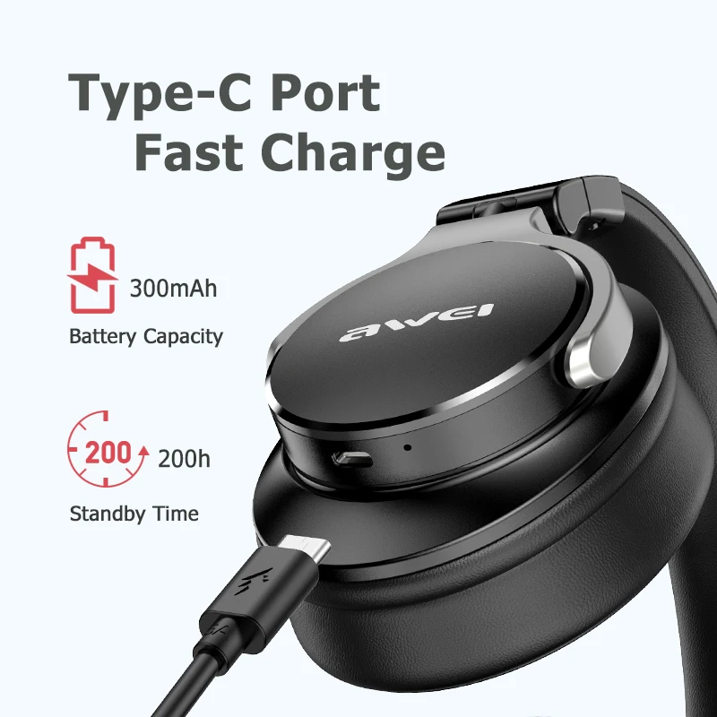 Awei-A710BL ANC Auscultadores com cancelamento de ruído ativo, Bluetooth com áudio de alta resolução, Over Ear, Headset sem fio com microfone