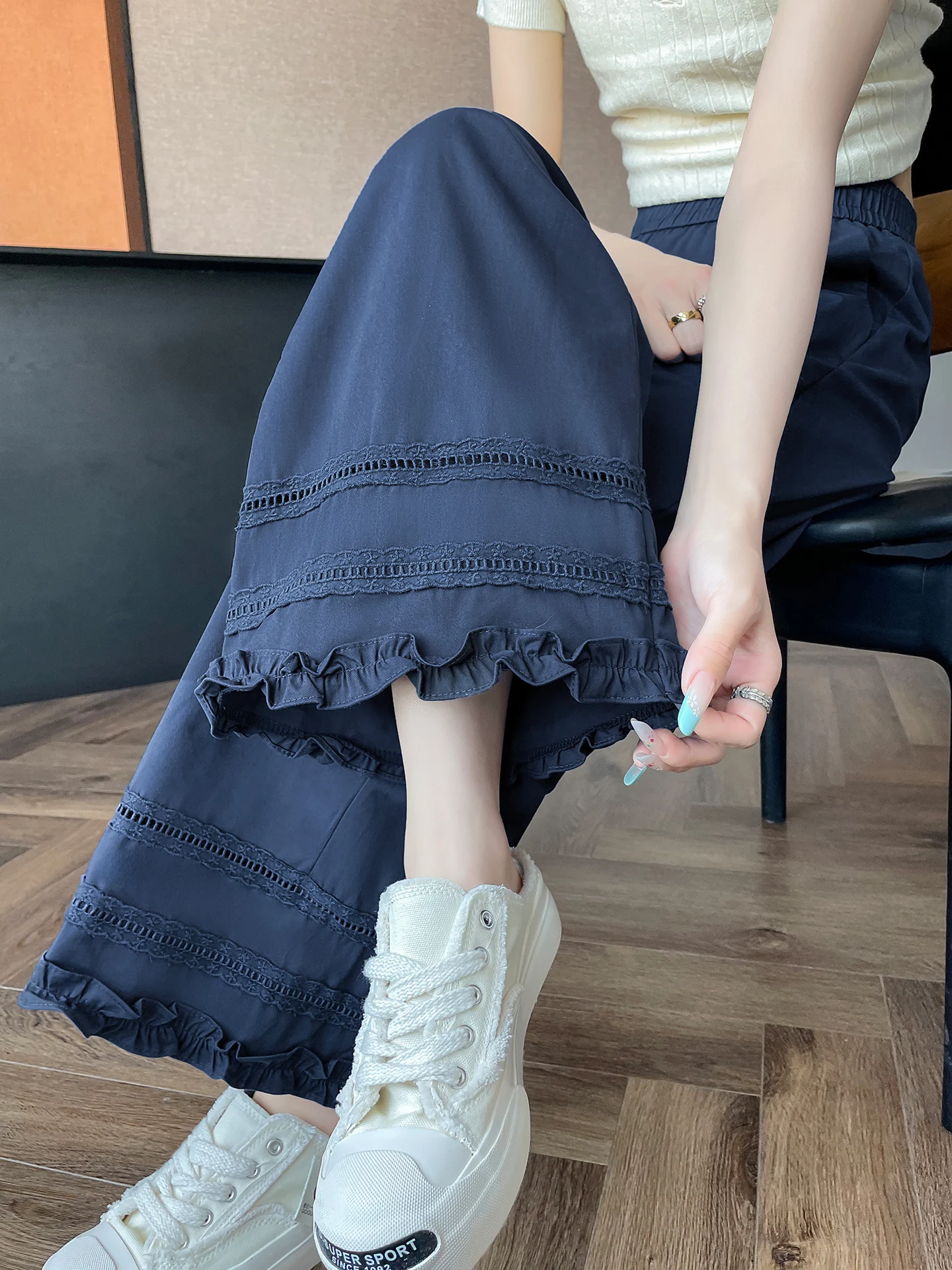 

Light Blue Lace Trim Hooked Wide Leg Pants Women Summer Thin Ice Silk Cotton Linen Straight Casual Nine Point Pants