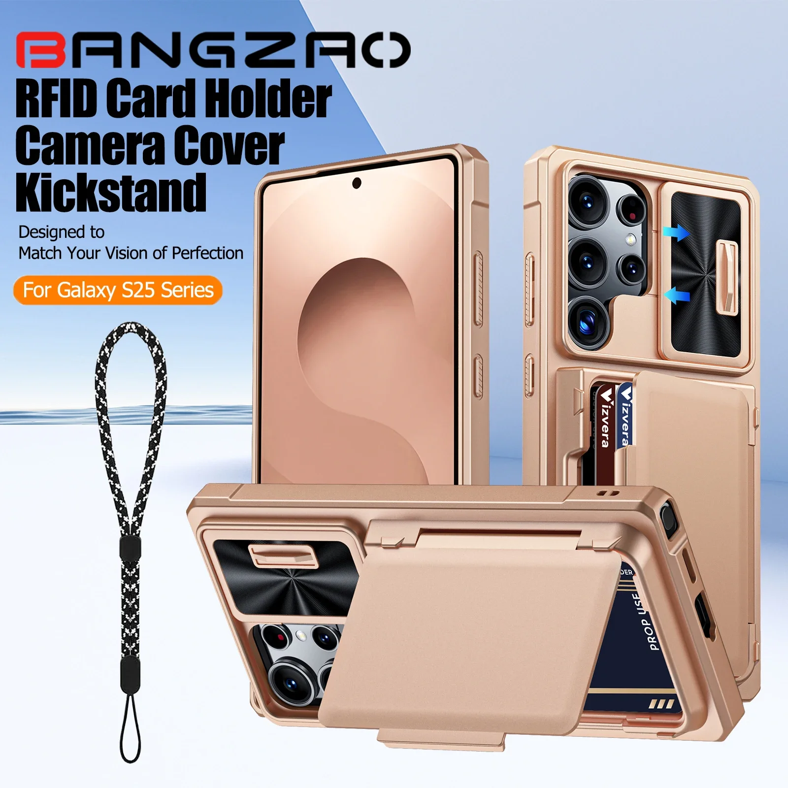 

Для Galaxy S25 Ultra Wallet RFID, держатель для карт, камера Cove, прочный противоударный силиконовый защитный чехол для всего тела - шампанское