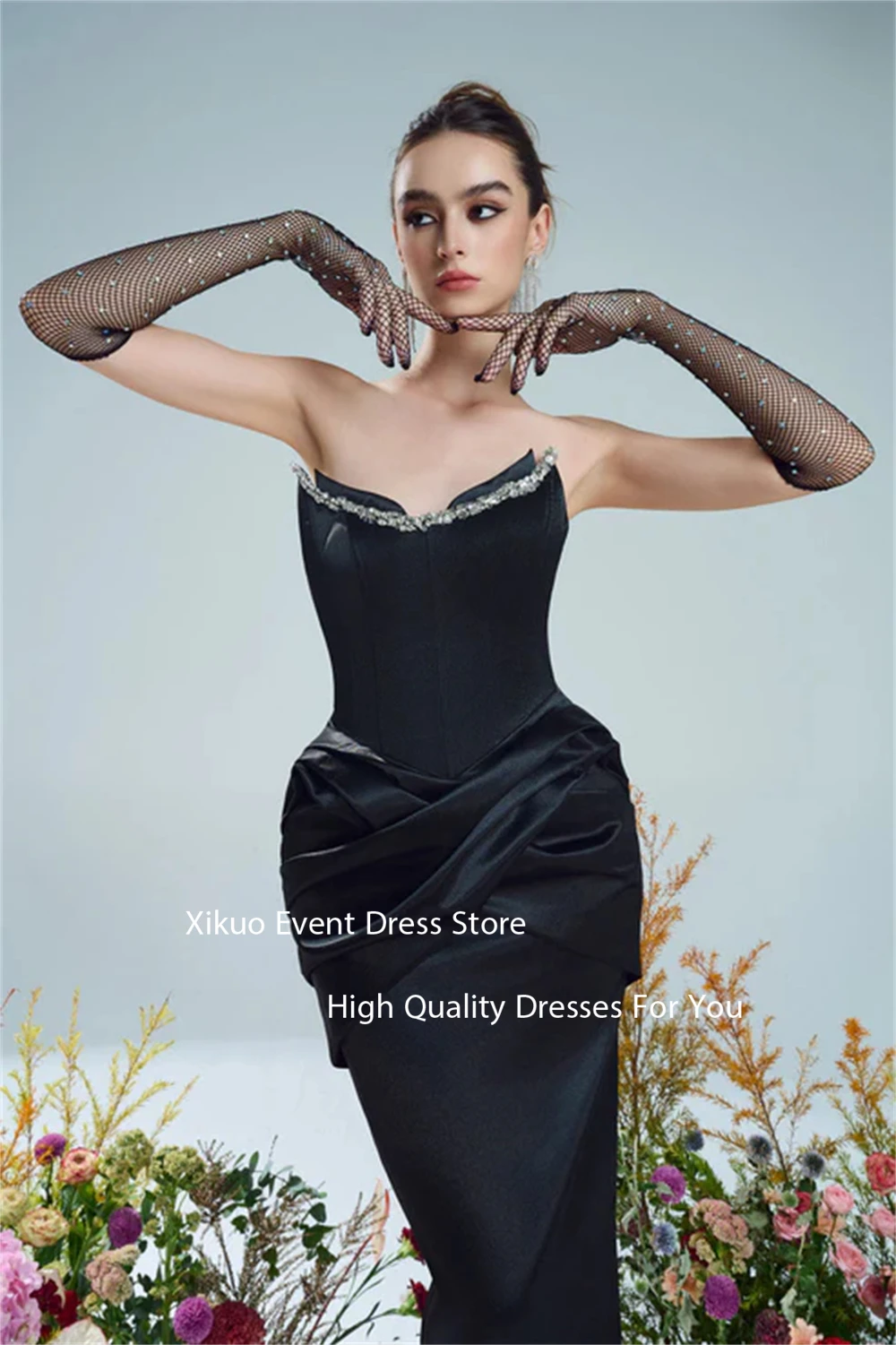 فساتين سهرة Xikuo كريستال سوداء بفتحة مستقيمة من Vestidos De Gala بطول الكاحل مكشكشة فساتين المشاهير حسب الطلب
