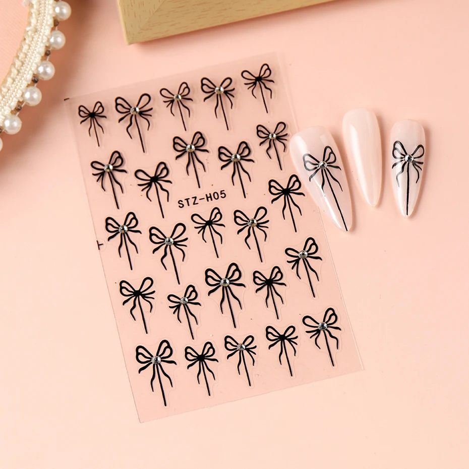 2개 3D 라인스톤 리본 네일 아트 스티커 반짝이는 크리스탈 블랙 리본 접착 장식품 새해 DIY 네일 용품