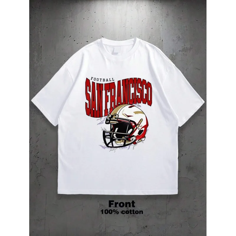 تي شيرت رجالي برسومات من القطن الخالص San Francisco 49ers Football American Retro Style بأكمام قصيرة ورقبة دائرية مطبوعة كاجوال