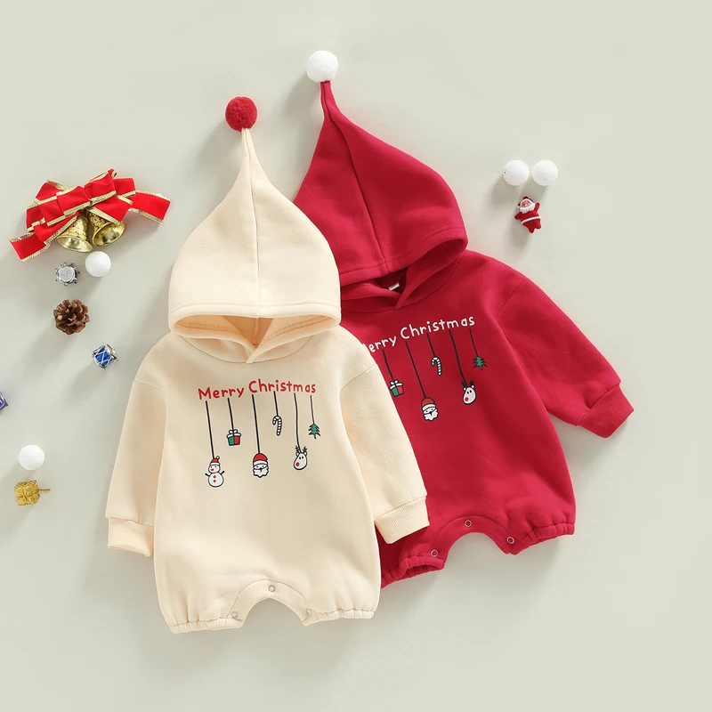 Baby Girls Christmas Jumpsuit Clothes Long Sleeve Hooded Letters Print Warm Romper Xmas Baby Costume