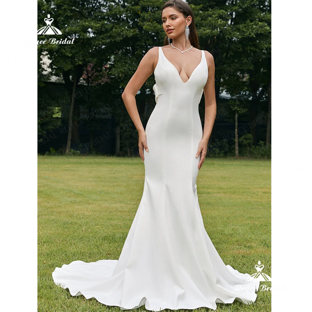 Roycebridal V Neck Mermaid Wedding Dress 2025 Satin Spaghetti Straps Court Train Wedding Gown فستان الزفافvestido de festarobe m