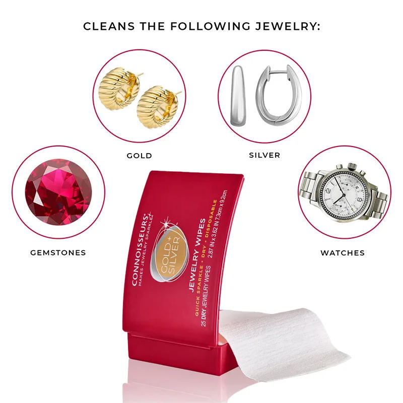 Connoisseurs Jewelry Wipes Portable 25 Dry Disposable Gold Silver Platinum Jewellery Sparkle Cleaner Compact Wipes Tissue