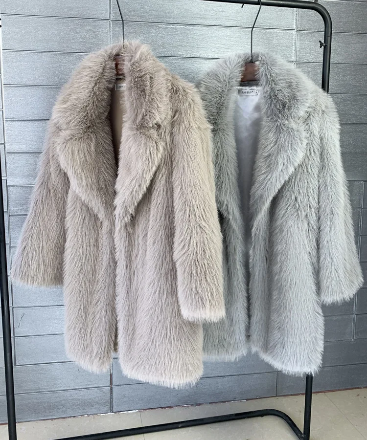 Furry Coat Women's Faux Fur Jacket Mid-length Suit Collar Loose Thick Warm Casual Jacket Long Artificial Fur Coat 2023 Outerwear