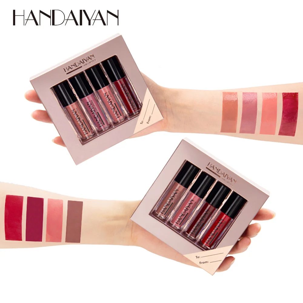 HANDAIYAN 4 Colors/Box Matte Liquid Lipstick Set Waterproof Makeup Kit Moisturizer Lip Gloss Nude Velvet Long-Lasting Lipgloss