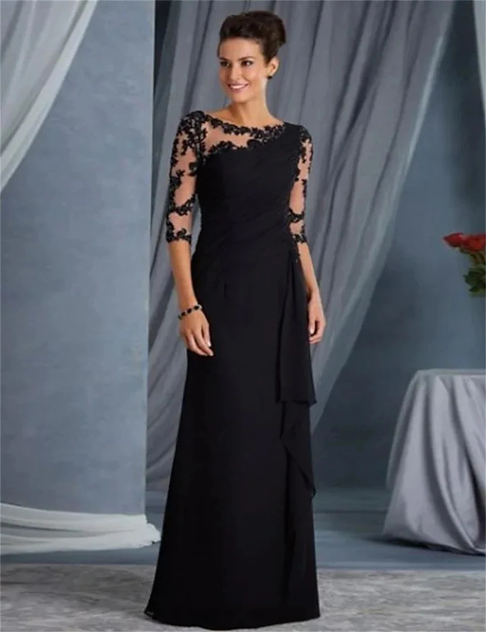 

Elegant Mother of The Bride Dresses Wedding Party Guest Formal Occasion Floor Length Half Sleeve Jewel Neck Lace with Appliques