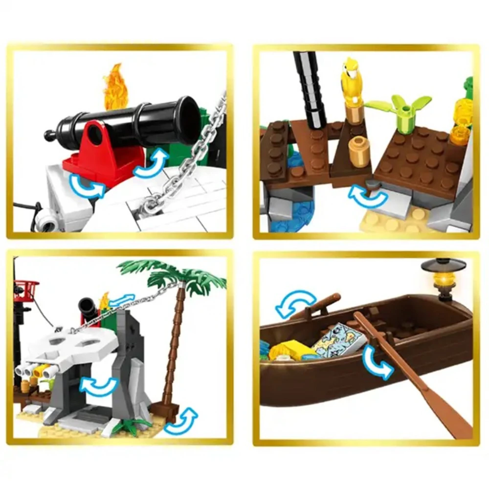 MOC 해골문섬 해적선 배 섬 확장 블록 세트 해변 보물 장난감 어린이 생일 휴일 선물