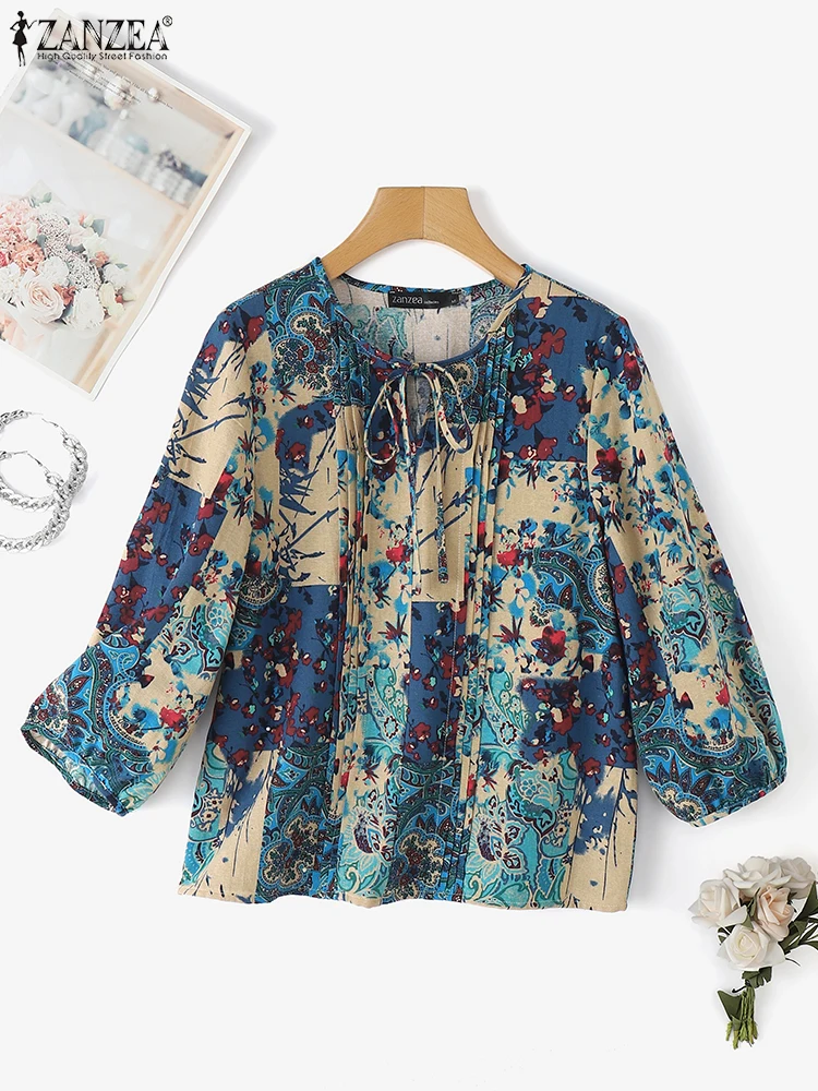 

ZANZEA Cotton Blouse Women Vintage Printed Shirts Casual Lace-Up Blouse 2025 Summer Bow Loose O-Neck 3/4 Sleeve Pleated Tunic