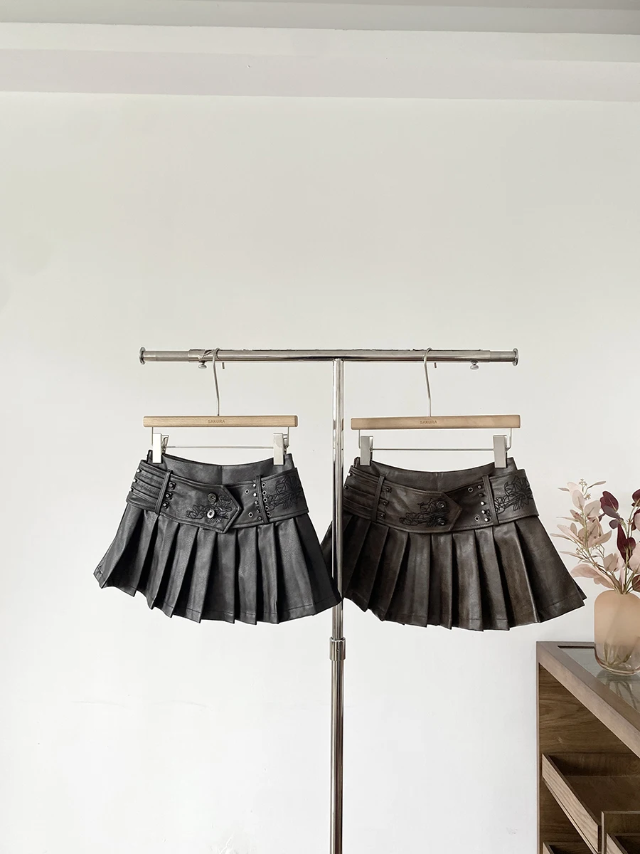 

Женская плиссированная мини-юбка трапециевидной формы из искусственной кожи с поясом, женская уличная одежда, короткая юбка из искусственной кожи с высокой талией